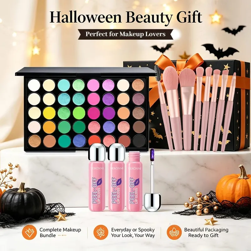 5pcs Makeup Kit 40 Colors Eyeshadow Palette + 3pcs Peel‑Off Lip Gloss with 8pcs Brushes Matte Shimmer Eyeshadow Full Makeup Gift — image 2