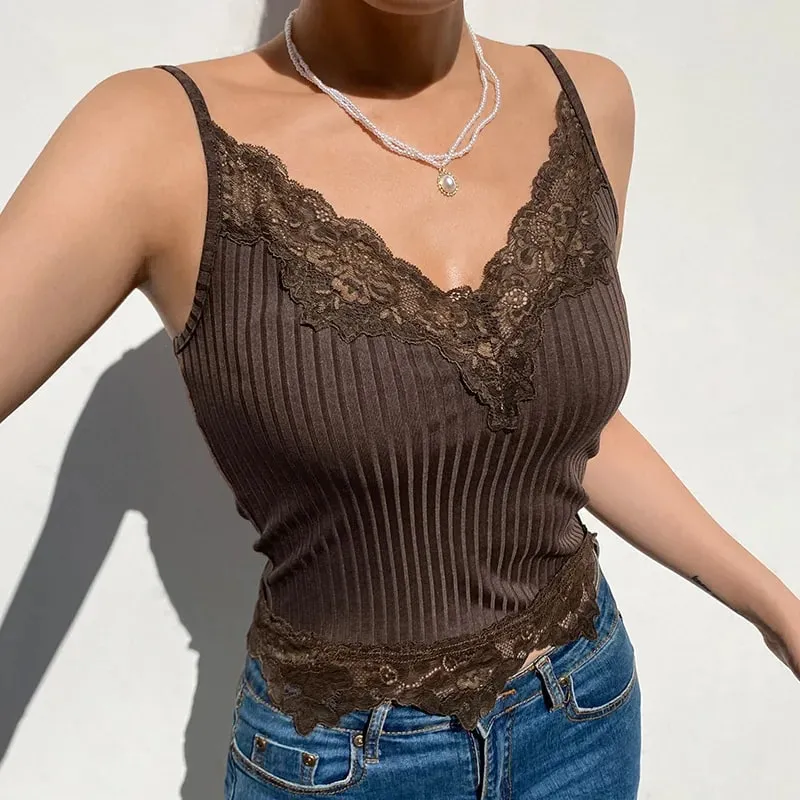 Goth Aesthetic Lace Patchwork Tank Tops For Women Sexy V-Neck Brown Retro Crop Tops Summer y2k Fashion Casual Camisole — image 9