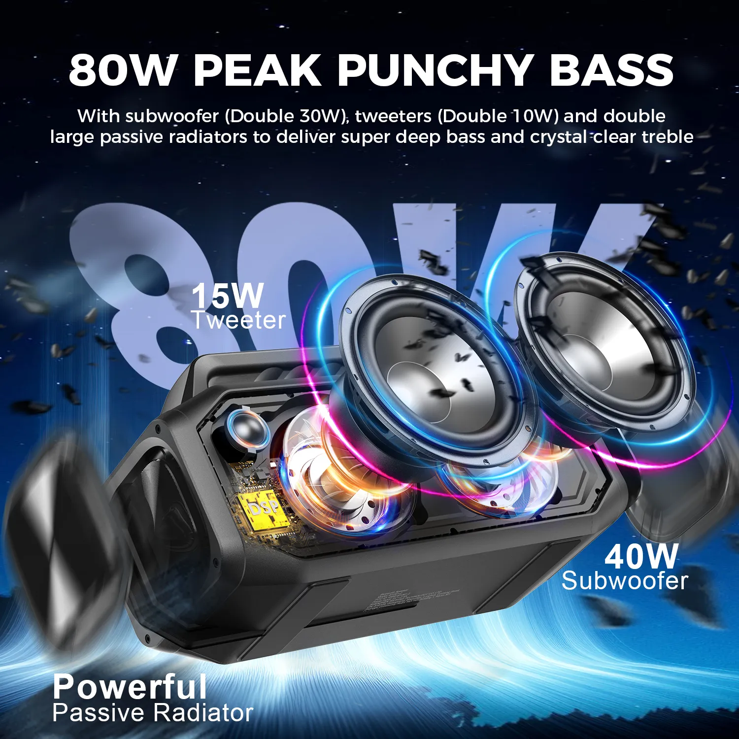 BT261-2 80W Speakers Bluetooth Wireless Portable Outdoor Speakers Loud with Bass Boost Stereo Pairing Reverse Charging IPX6 Waterproof
