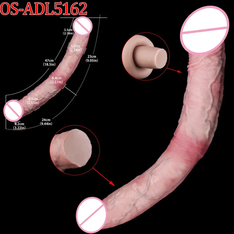 Mainan Seks Stimulator Vagina Anal Kepala Ganda Dildo Panjang Realistis 47Cm dengan Pengisap untuk Pasangan Lesbian Alat Dewasa Pria Gay