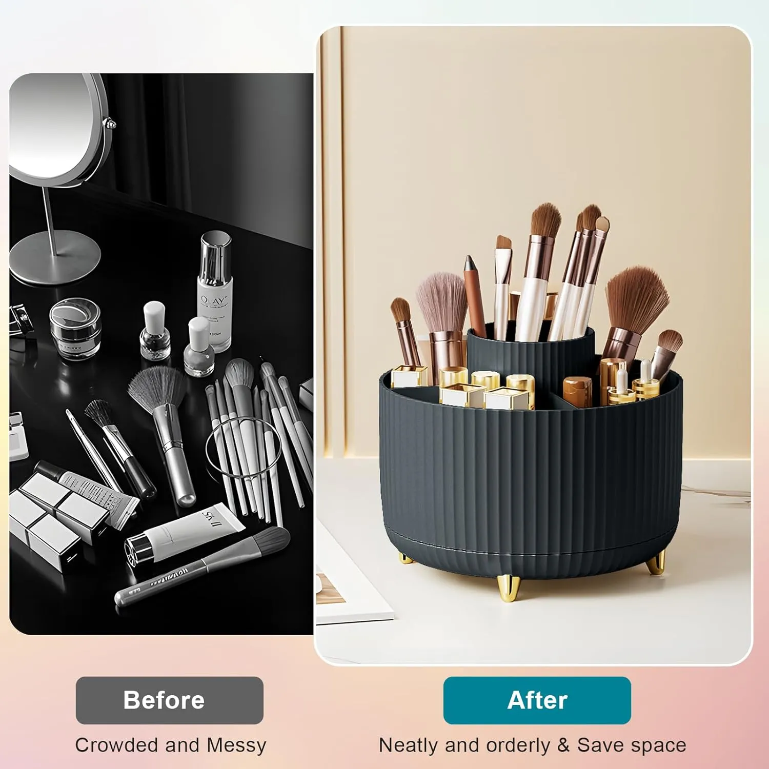 Makeup Brush Holder Organizer 5 Slot 360° Rotating Makeup Brushes Desktop Storage Organizers for Vanity Desktop Bathroom Office — image 5
