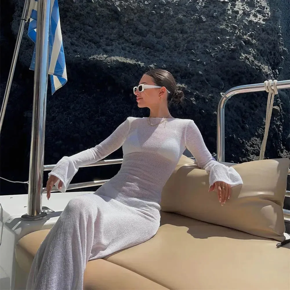 Robe longue de plage en maille pour femmes, manches longues, col rond, transparente, protection solaire, couleur unie, dos nu, été