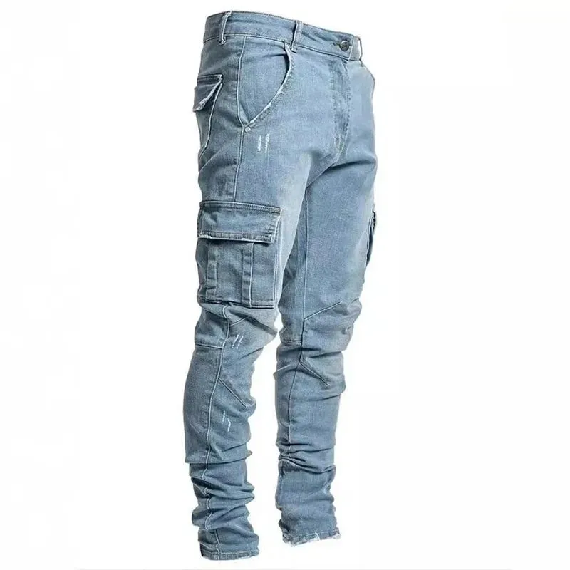 Men Street Elastic Denim Jeans Wash Solid Color Multi Pockets Cargo Pants Casual Slim Fit Daily Wear Joggers Mid Waist Trousers