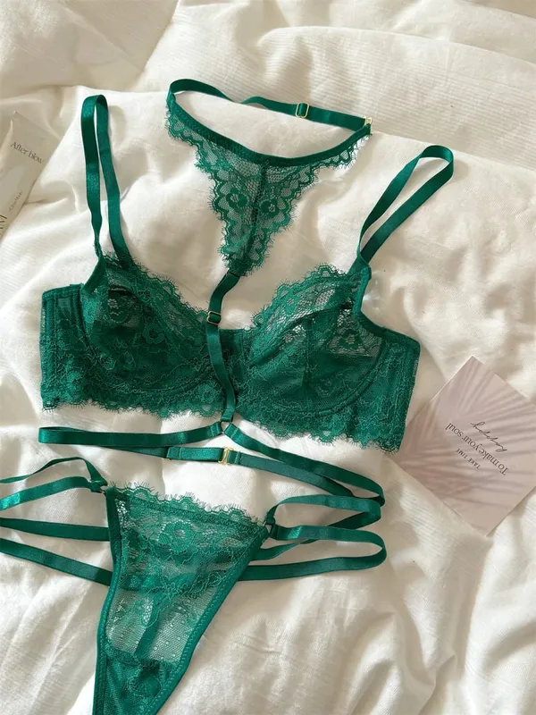 Lace mesh thin section lingerie large breast underwear sexy lace bra set women breathable green romantic bralette