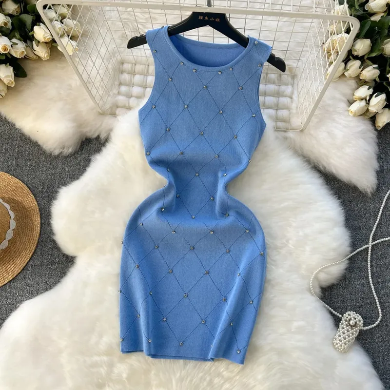 Beading Summer Women's Knitting Sheath Tank Dress Female Bodycon Knitted Camisole Sleeveless Mini Dresses For Woman Outfits