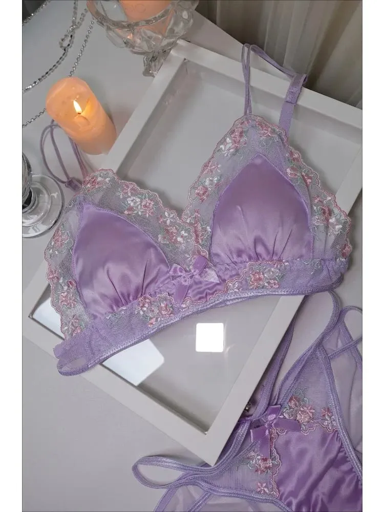 Girls French Bra Thin Triangle Cup Purple Embroidery Light Luxury Silk Sexy Pure Desire Lace Underwear Set