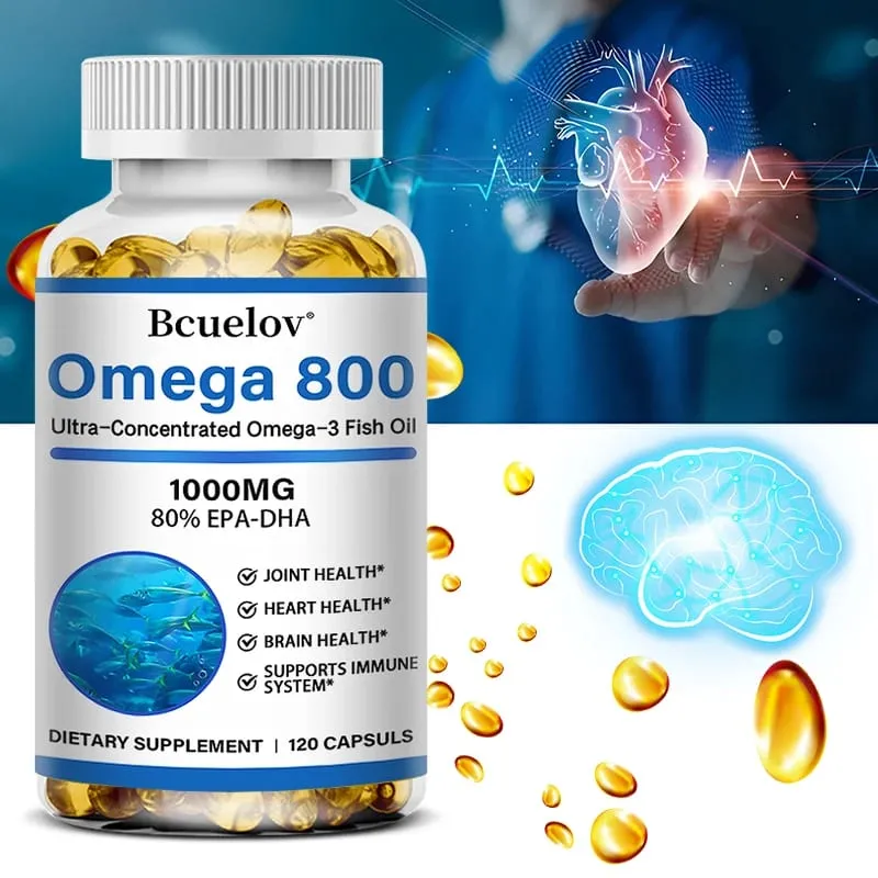 Bcuelov Fischöl Omega-3-Ergänzungsmittel, 1000 mg Kapseln, Omega-3-Fischöl für eine gesunde Herz-Gehirn-Unterstützung, 30/60/120 Kapseln — image 1