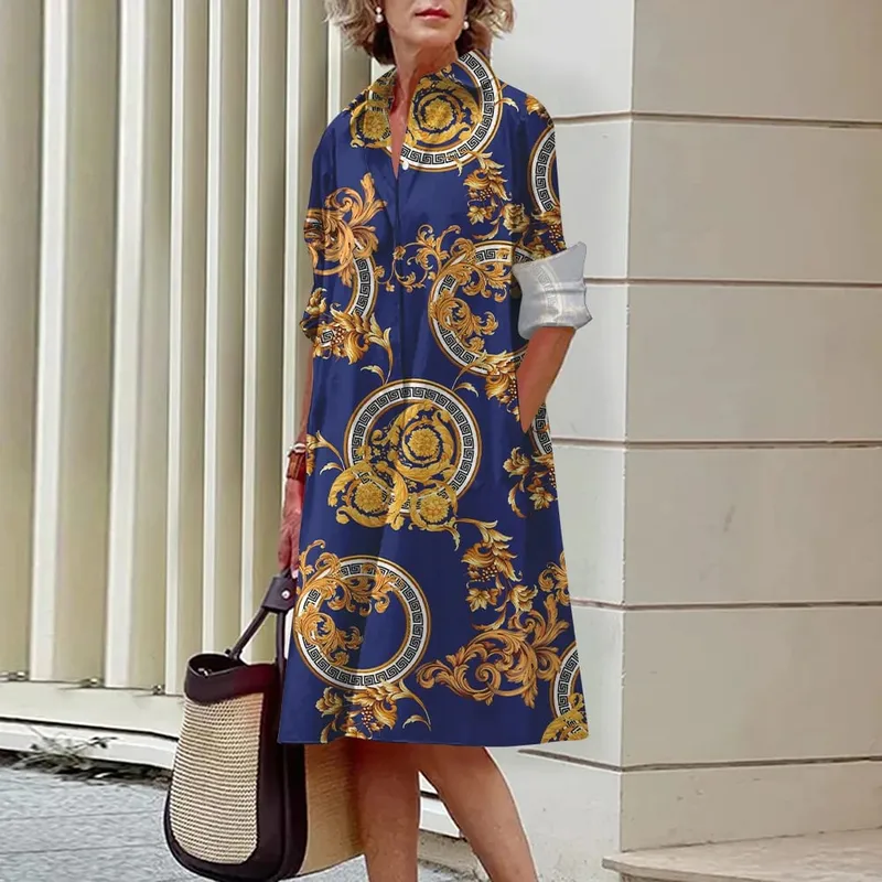 2024 Elegant Ladies Long Sleeve Shirt Dress Lapel Button Exquisite Printing Mid-Length Dress Casual Loose Commuter Shirt Dresses — image 17