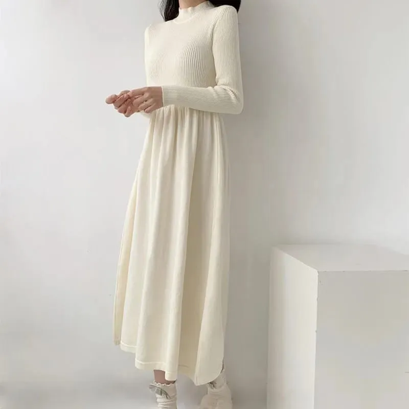 Autumn Winter Women Knitted Dress All-Match Simple Solid Half-High Collar Long Dresses Woman Korean Chic High Waist A-Line Dress — image 5