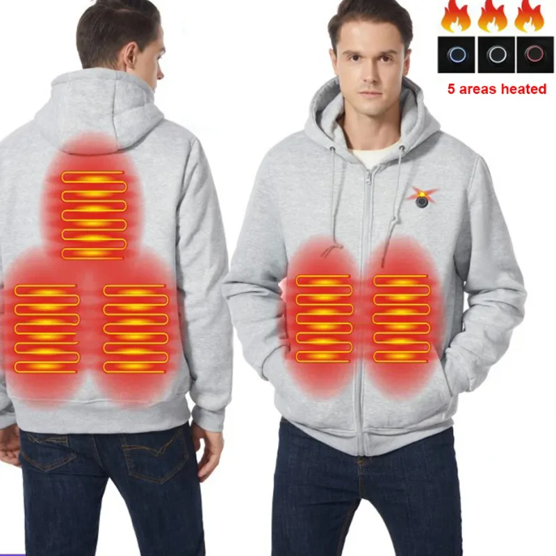 USB chauffage sweat à capuche pour homme hiver électrique vestes à capuche chauffantes veste à capuche avec fermeture éclair infrarouge 5 zones de chauffage veste noir gris