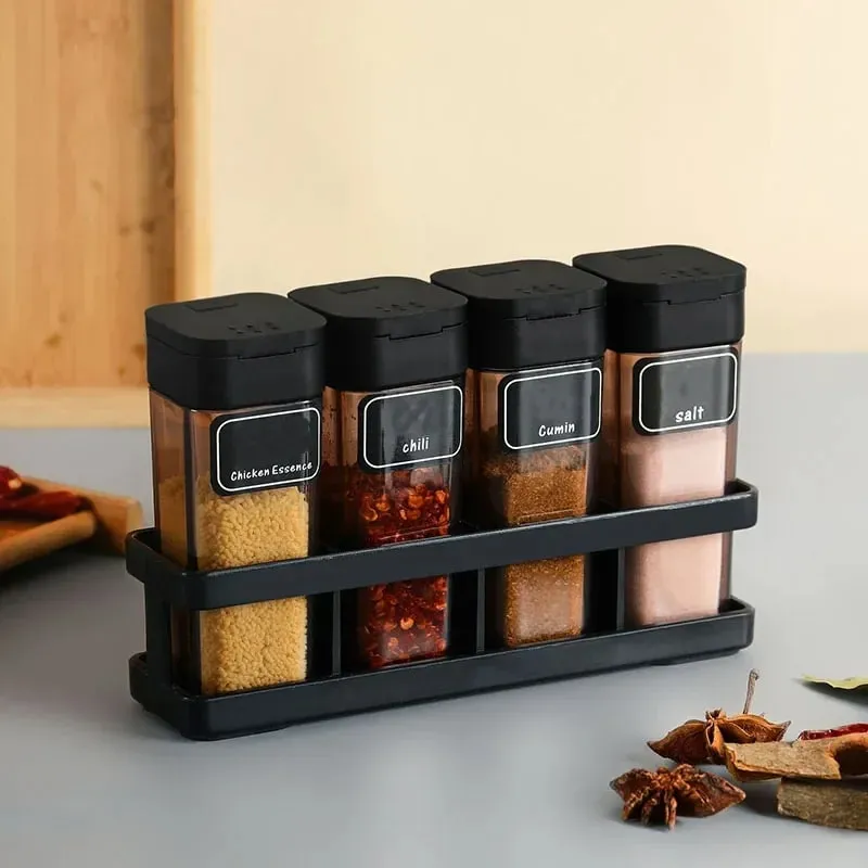 Spice Organizer Set 4-in-1 - Stackable Kitchen Bottles Airtight Lids for Salt Pepper Baking Countertop Space Saver Jars