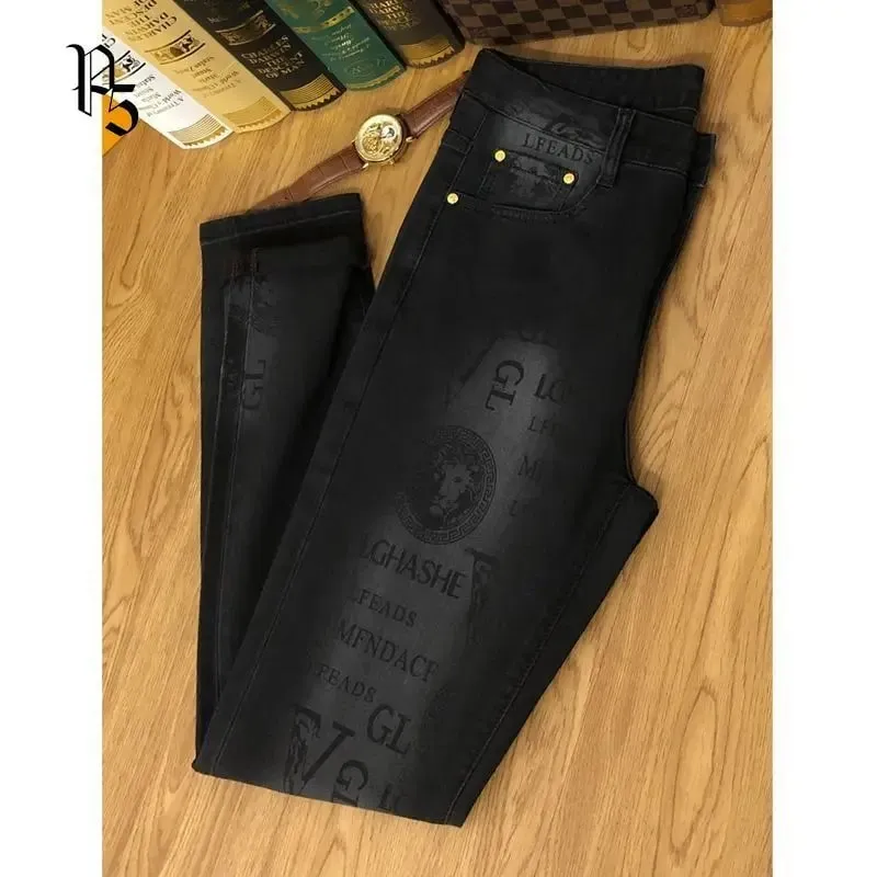 Spring and Autumn Korean Slim Jeans for Men 2025 High-end Luxury Clothing Black Printing Mid-waist Stretch Casual Pencil Pants — image 4
