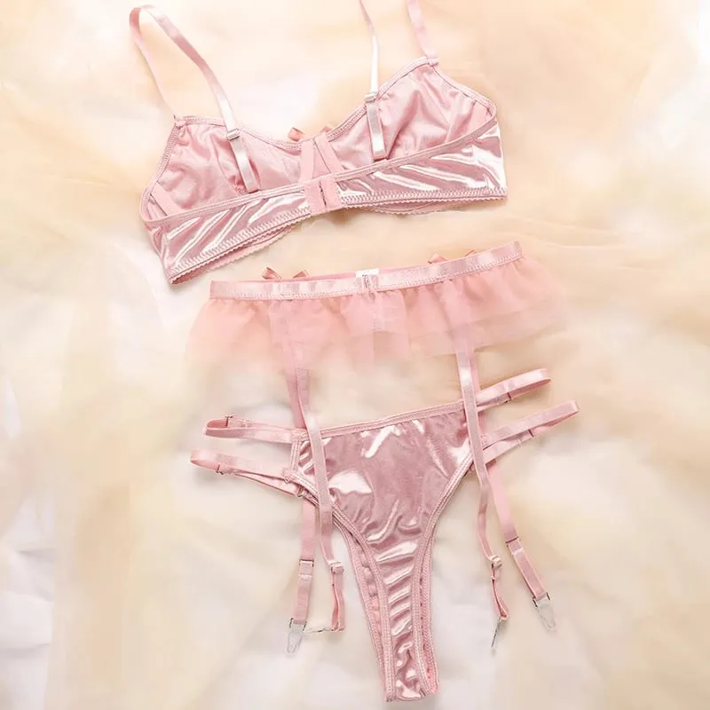 French sexy three piece lingerie set for girls exquisite bow breathable oversized comfortable pants and bra for women — image 4