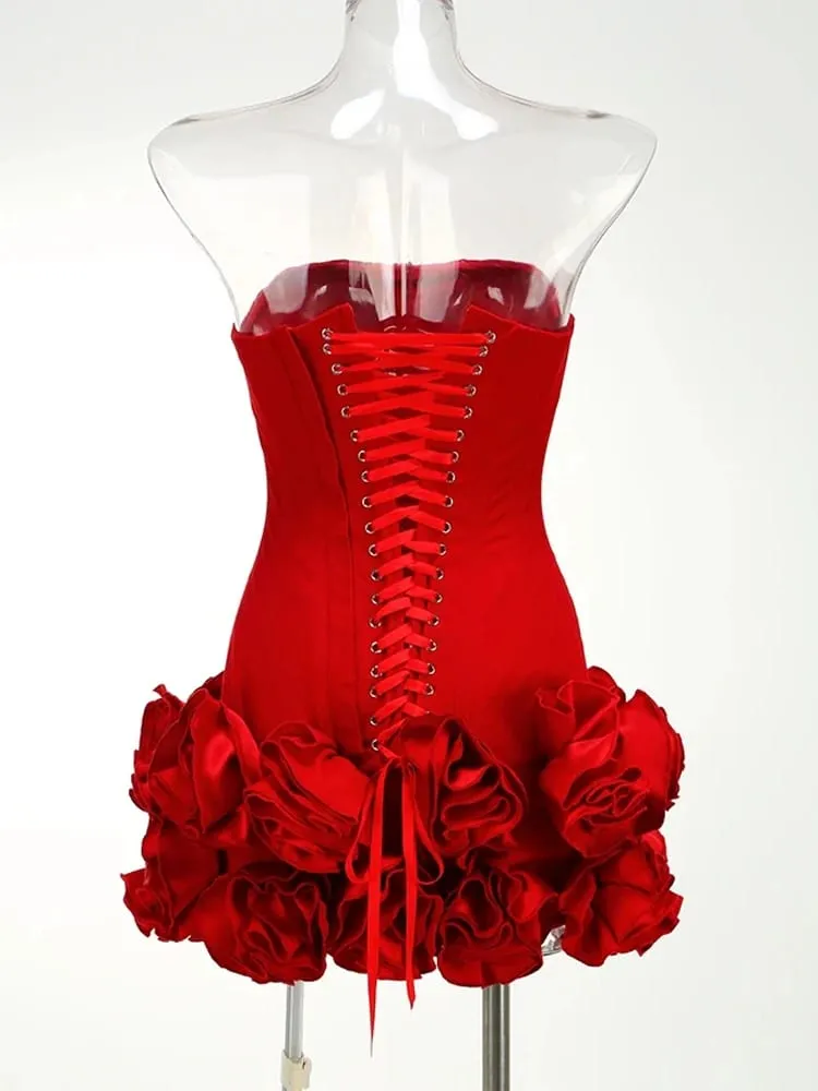 VC Christmas Dress Strapless Backless Red Structured Floral Embellished Mini Length Bodycon Celebrity Party Cocktail Dress — image 5