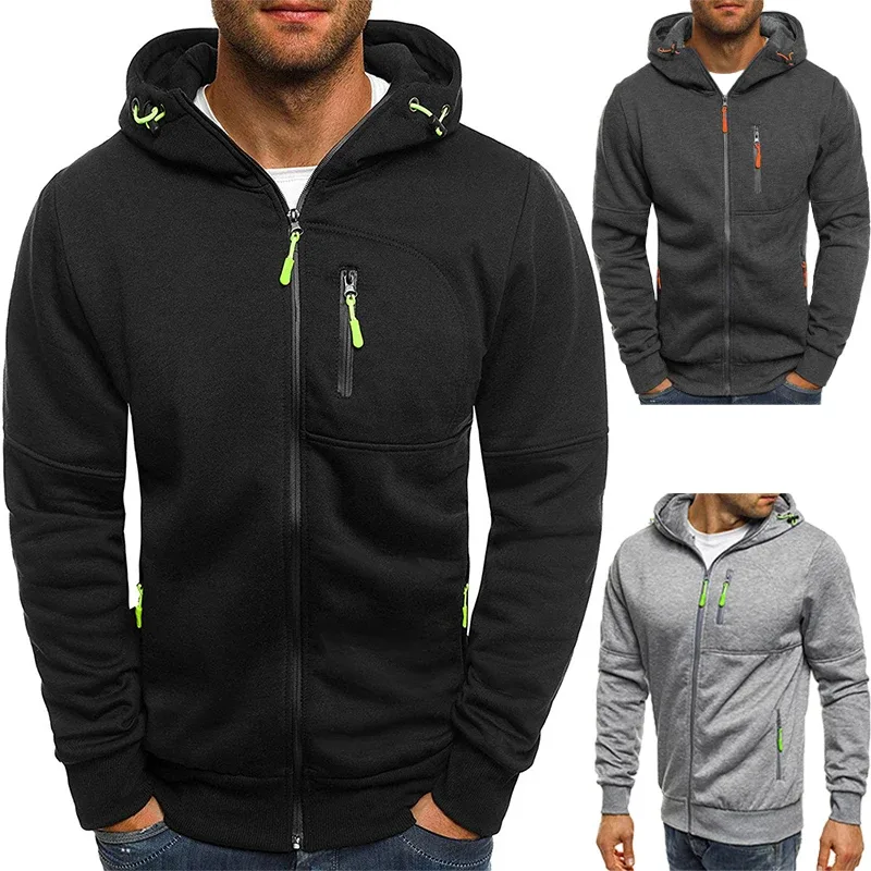 Maglione da uomo Cardigan Giacca con cappuccio Tasca con cerniera Giacca jacquard Sport Fitness Tempo libero all'aria aperta Corsa Abbigliamento sportivo in tinta unita — image 3
