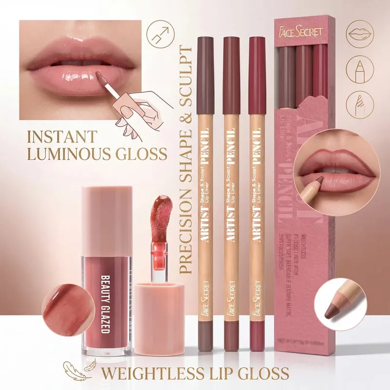 4Pcs Lip Liner & Lip Gloss Set Waterproof Long-lasting Smudge-proof Smooth Daily Lip Makeup Kit — image 7