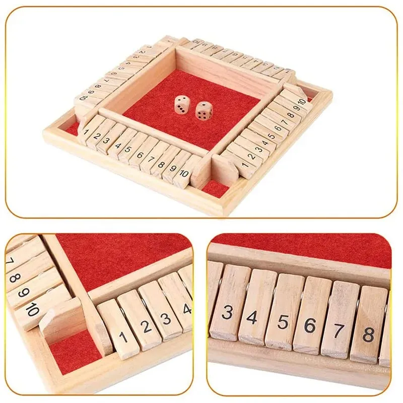 Deluxe Four Sided 10 Numbers Shut The Box Board Game Set Toy Dice Party Club Drinking Games for Adults Families — image 4