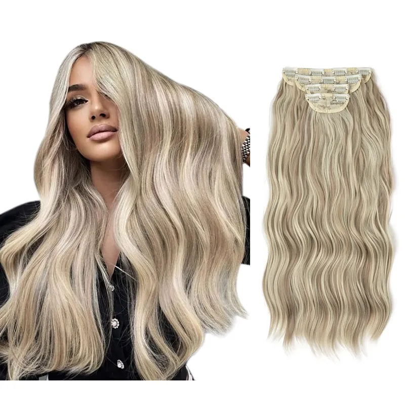 22" 4pcs/set Synthetic Clip In Hair Extensions Elegant Long Wavy Thick Hairpiece Daily Use Brown Blonde Natural Fake Hair — image 15