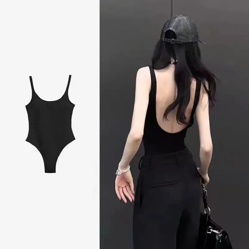Black Strappy Bodysuit Sexy Backless Ribbed Bodysuit Romper string femme sexy Sleeveless Tank Top gloved bodysuit Body Female