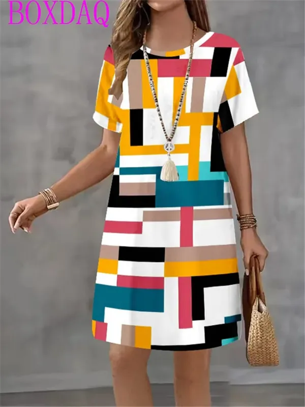 2025 New Women's Dresses Graphic Print Elegant Beautiful Mini Dresses Female Summer Loose Short Sleeve O-Neck Print A-Line Dress