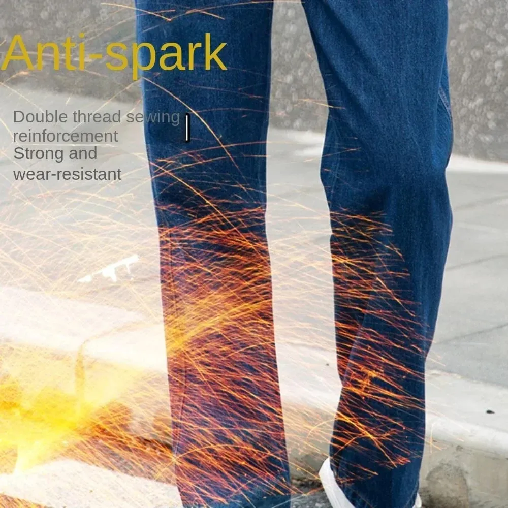 Men's Work Pants with Thick Loose Wear-resistant Welded Heat-resistant Reflective Strips Jeans Plus Size Labor Protection Pants — image 3