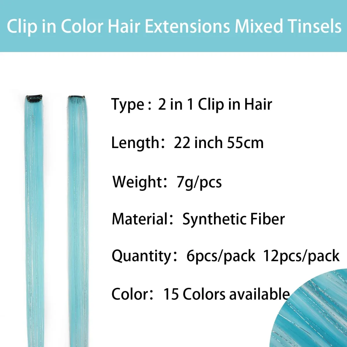 Sky Blue Hair Clip in Colored Extension Mixed Silver Tinsels Synthetic Rainbow Hairpiece Holiday Party Highlights for Women Girl — image 4