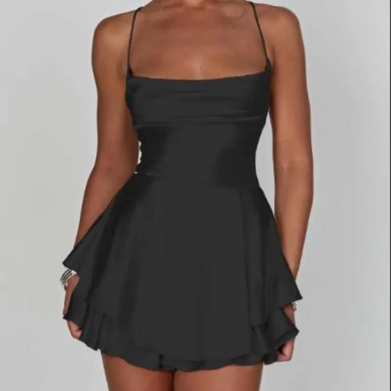 Satin soie femmes Sexy Cami combishorts robe solide col bénitier sans manches combinaisons courtes été croix cravate dos nu barboteuse — image 7