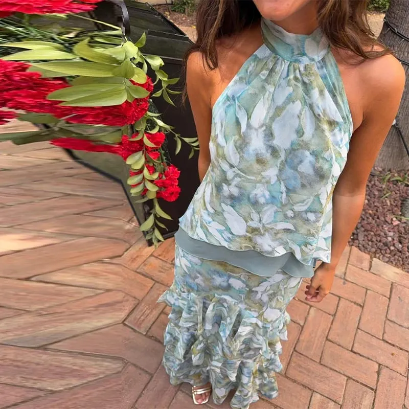 Blomstertryk Halter Neck Cutout Maxikjole Tiered Flæser Ærmeløs 2026 Sommer Kvinder Feriekjole Mode Boho Lady Vestido — image 9