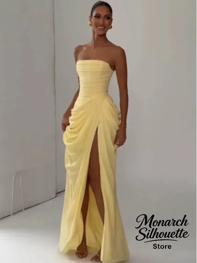 Gaun Panjang Berlipat Tanpa Tali Kuning Elegan Gaun Split Cinching Pinggang Tanpa Lengan Solid Chic Wanita 2026 Jubah Pesta Malam Wanita