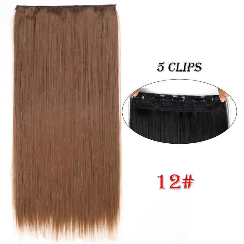 One Piece Clip In Hair Extensions 24" Straight Thick Synthetic Clip In Hairpieces Highlights Black Brown Soft For Women Daily