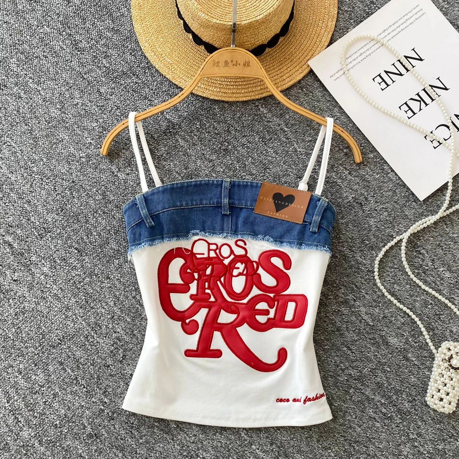 American Retro Y2k Strap Tops Letter Embroidery Denim Patchwork Fashion Design Women Hotsweet Streetwear Slim Crop Top