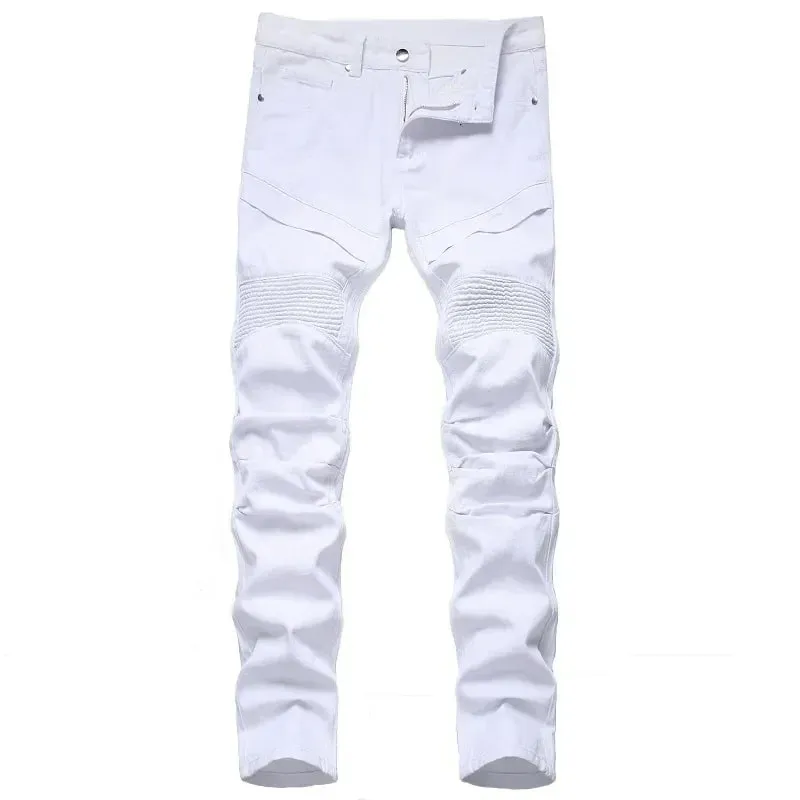 New Men's Slim Jeans White Motorcycle Trendy Casual Patchwork Denim Trousers Fashion Tight Folding Male Pants (without Belt) — image 4