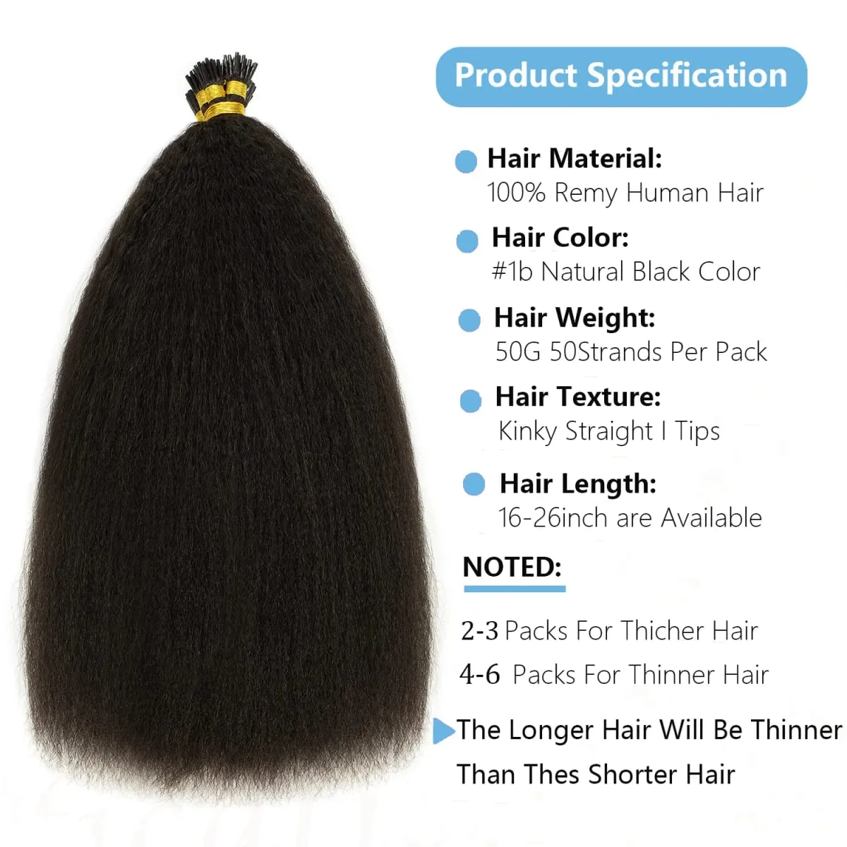 Kinky Straight Microlinks Hair Extensions Virgin Human Hair Natural Black Keratin I Tip Hair Extension 50g/Set For Women — image 2