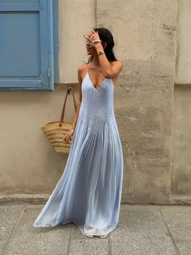 Robe longue plissée de couleur unie pour femmes, Sexy, élégante, sans manches, bretelles, dos nu, Slim Fit, Robe de plage, de fête — image 2