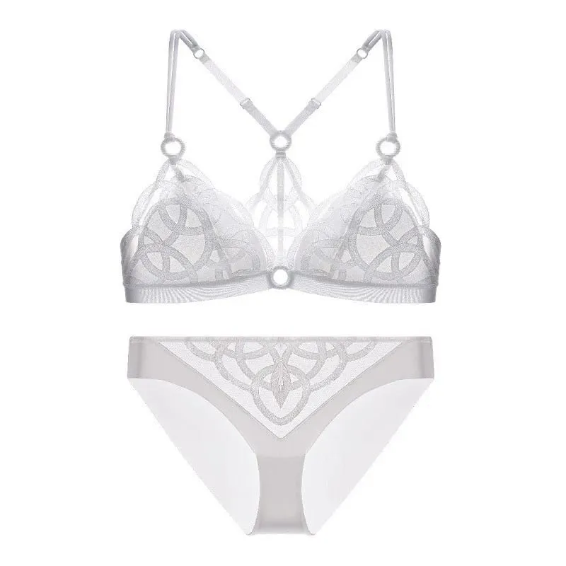 French Sexy Beautiful Back Lingerie Set for Women Thin Mesh Embroidery Wire Free Underwear Bra Suit Female Solid Lace Briefs — image 9