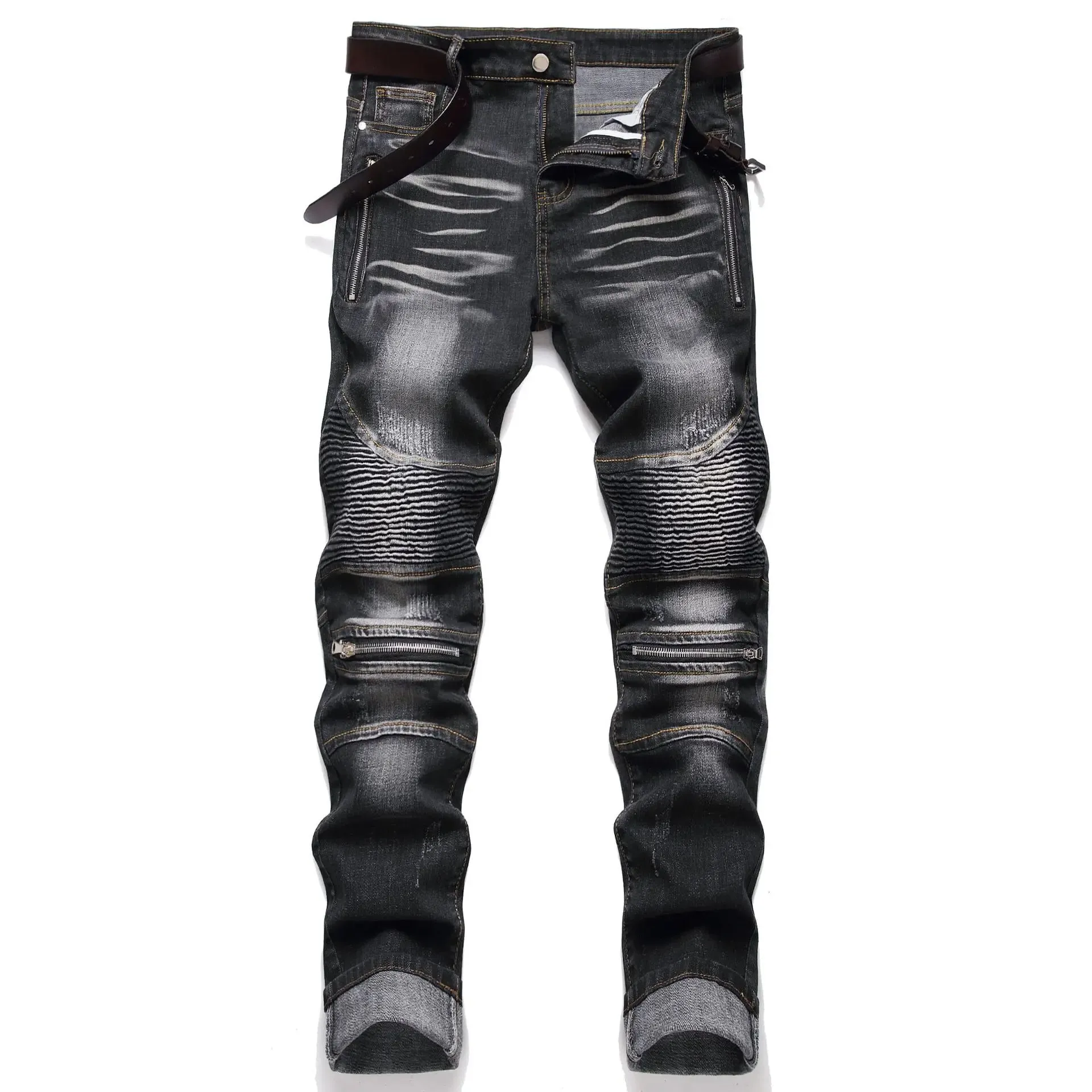 Jeans Men Vintage Distressed Pencil Pants Mid Waist Zipper Pockets Slim Ankle Length Trousers Straight Denims 2024 Streetwear — image 2