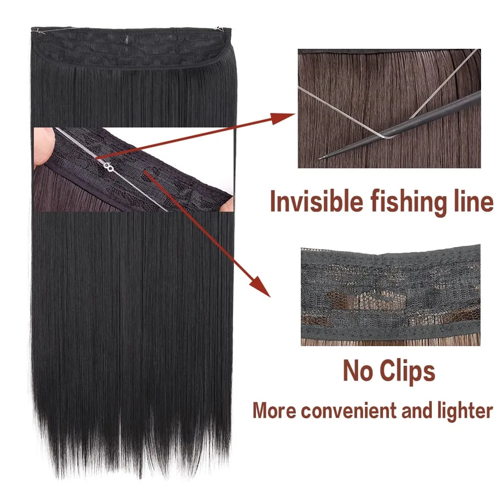 Long No Clips Invisible Wire Hair Extensions 16 22 32" Synthetic Wavy Black Brown One Piece Hairpiece Hair Extension