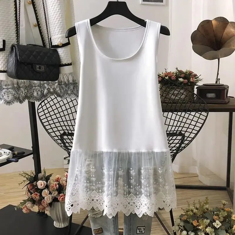 Street Casual Lace Patchwork Tanks Summer New Sleeveless Solid Color Loose Youth White T Shirt Tops Fashion Trend Women Clothing