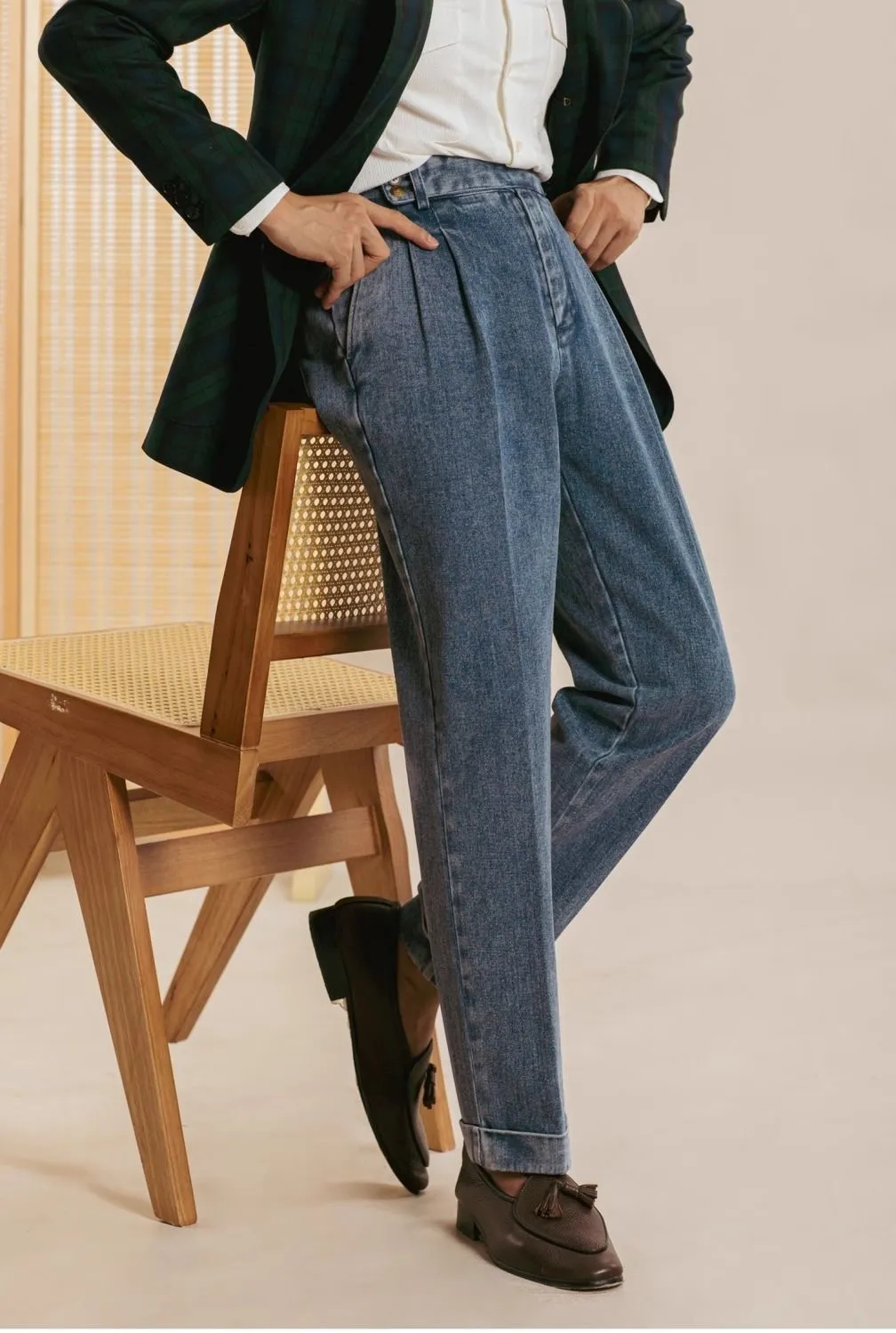 Double Pleat Jeans Men Naples Pants Wash Cotton Loose Straight Trousers Spring Autumn Fashion England High Waisted Denim Pant — image 2