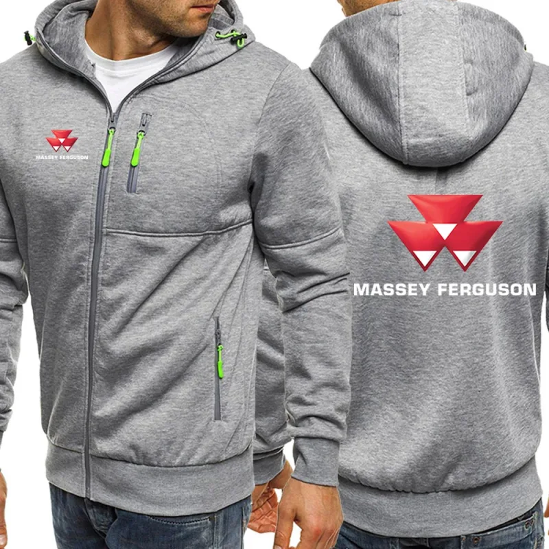 2025 Spring Autumn Massey Ferguson Print Popular Solid Color Zip Hooded Jacket Men's Trendy Comfortable Loose Drawstring Hoodies — image 6