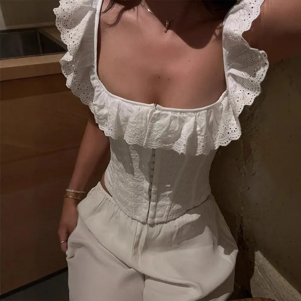 Baju Atasan Renda Tulang Ikan Ruffles Putih Wanita Leher Persegi Seksi Tanpa Belakang Tanpa Belakang Bodycon Atasan Cropped Musim Panas Pesta Memakai Rompi Tangki