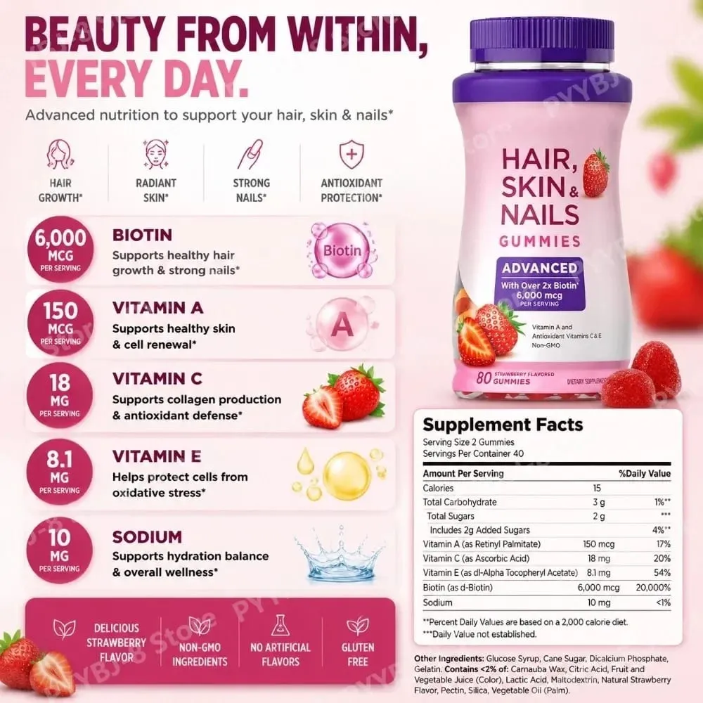 Biotin Gummie Strawberry Flavor with 6000Mcg Biotin & Vitamin Support Healthy Hair Skin and Nails 80pcs Nutritional Supplement