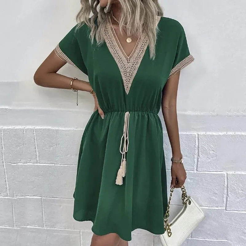 Summer Solid Short Sleeve Lace V Neck Waistband Female Beach Midi Short Dress Elegant Women's Sweet White Solid Color Dresses — image 4