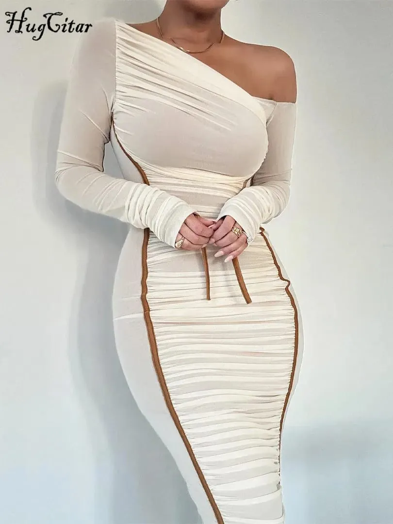 Hugcitar Mesh Solid Diagonal Collar Long Sleeve Draped Sexy See Through Bodycon Maxi Dress Summer Fashion Clothes Festival Club — image 3