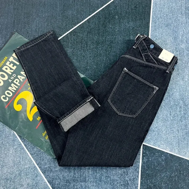 100% Cotton Back Paris buckle Spring Black Straight Jeans for Men American Retro Style Casual Japanese Slim Tapered Long Pants — image 2