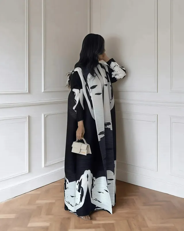 Women's Fold Miyake Pleated Abaya Long Sleeve Print Foldable Collar Robe Cardigan Coat New Winter Fashion Original Design 2026 — image 19