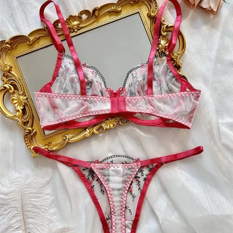 Exotic Fairy Lingerie PushUp Bra Embroidered Tulle Sheer Mesh 3Piece Transparent Intimate Wear for Women — image 5