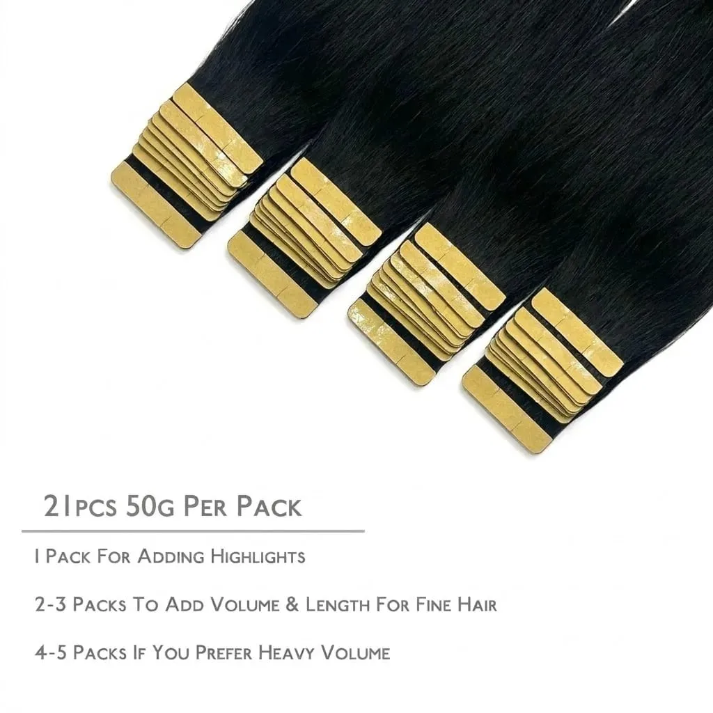 Tape In Real Human Hair Extensions Straight 18 24 Inch 1B Natural Black 50g/pack Color Invisible Seamless Skin PU Weft Tape Ins Extension For Women — image 4