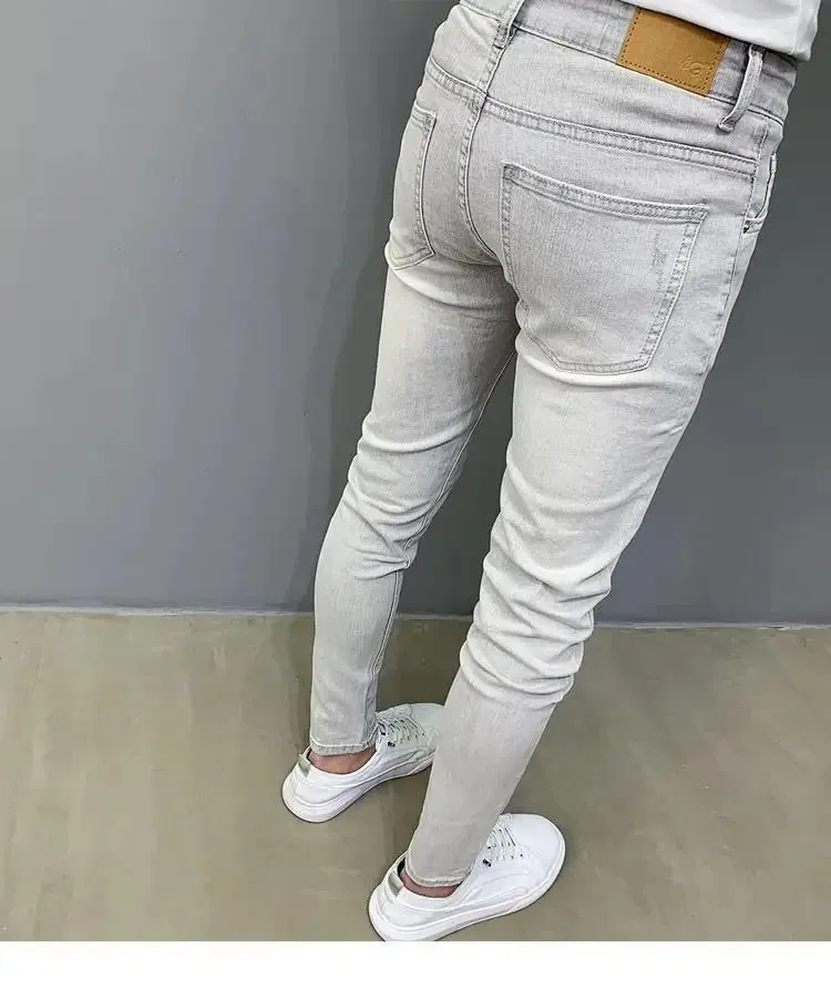 Summer Luxury Clothing Men's Pencil Pants Light Gray Jeans Slim Fit Korean Style Elastic Small Feet Long Pants Trendy Slim Jeans — image 8