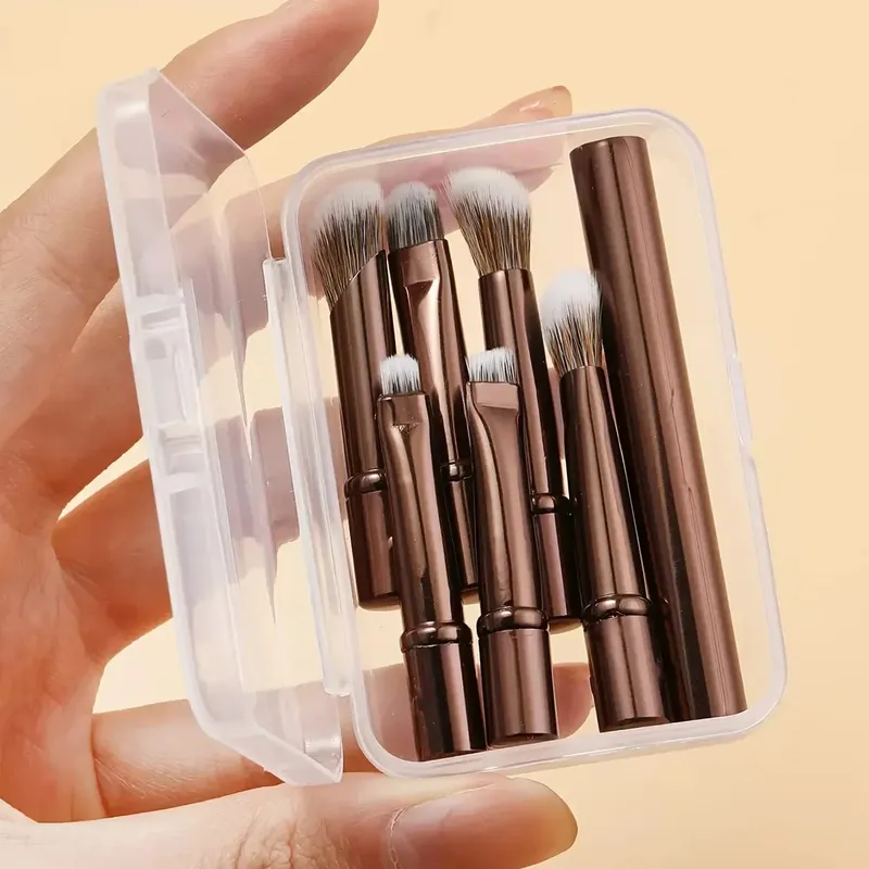 6 stk mini rejse makeup børstesæt med aftageligt aluminiumsrør bærbar øjenskyggebørste og opbevaringsboks